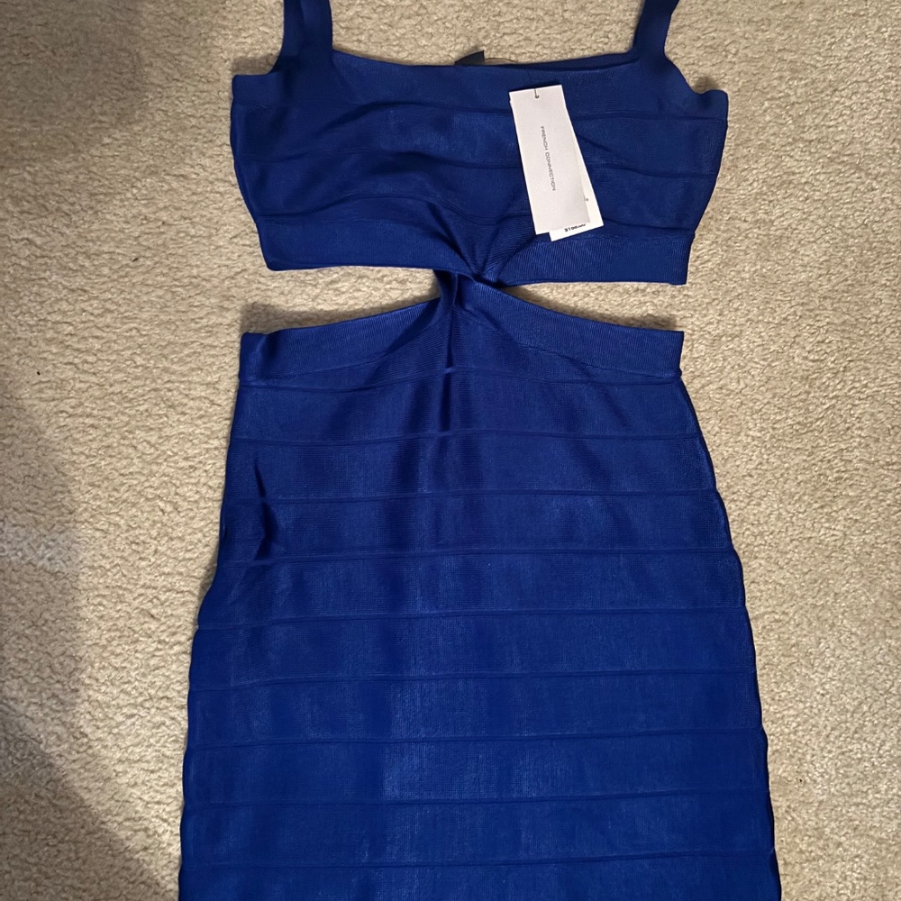 This is a French Connection Lacs Knit Bandage Bodycon Mini Dress in blue. - Picture 6 of 6